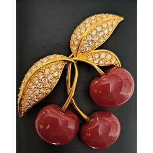 Vtg Signed Joan Rivers Rhinestone Lucite Cherries Fruit Brooch Pin